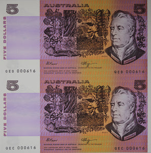 1990 Australia Five Dollars Uncut Vertical Pair Fraser/Higgins
