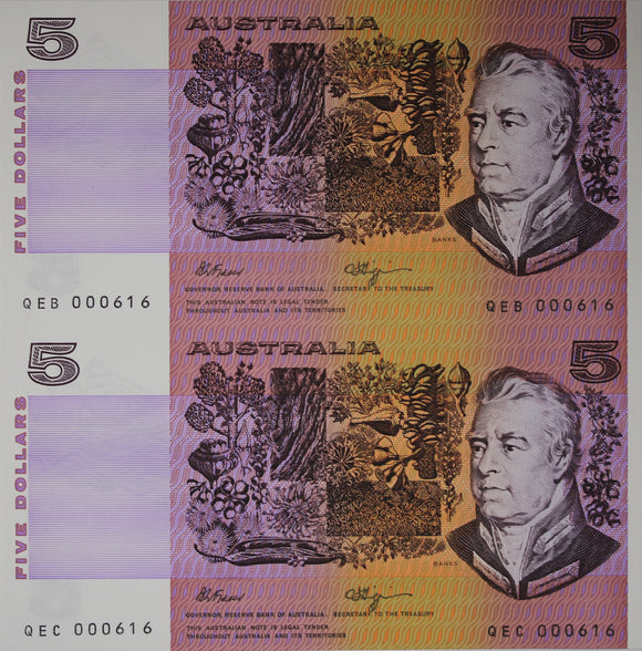 1990 Australia Five Dollars Uncut Vertical Pair Fraser/Higgins