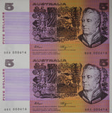 1990 Australia Five Dollars Uncut Vertical Pair Fraser/Higgins