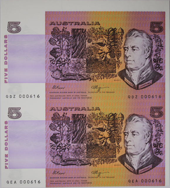 1990 Australia Five Dollars Uncut Vertical Pair Fraser/Higgins (Top Boarder)