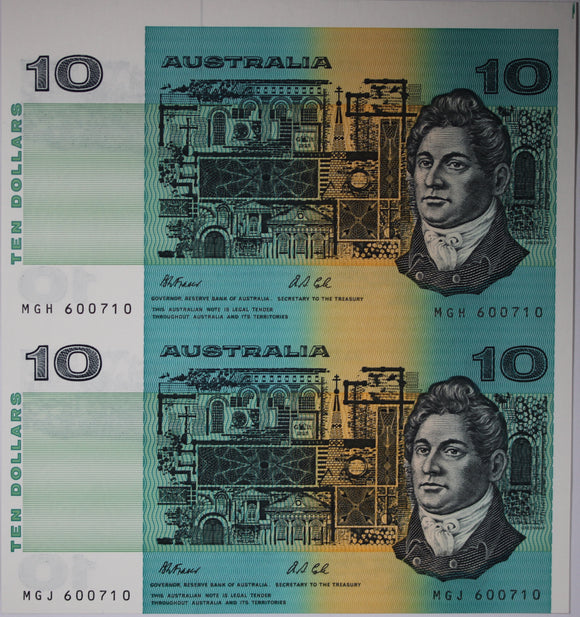 1991 Australia Ten Dollars Uncut Vertical Pair Fraser/Cole