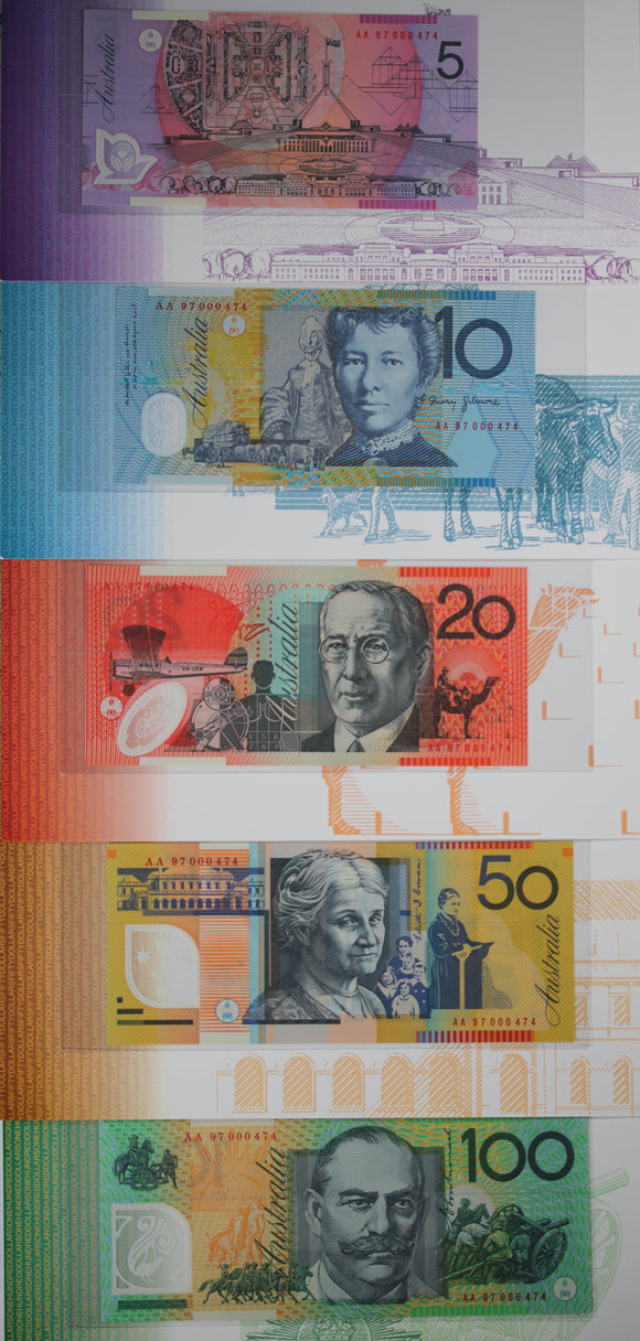 1997 $5,$10,$20,$50 & $100 Banknote Set - Deluxe NPA Folder Collection (Red Serials)