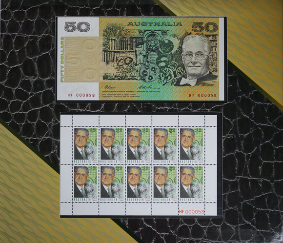1995 Fifty Dollar Note & Stamp Set Premium Red Low Serial Number 58