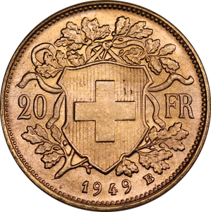 Switzerland 1949 20 Francs Gold Coin UNC