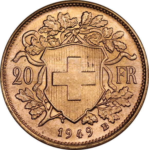 Switzerland 1949 20 Francs Gold Coin UNC