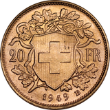 Switzerland 1949 20 Francs Gold Coin UNC