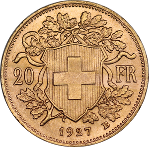 Switzerland 1927 20 Francs Gold Coin UNC