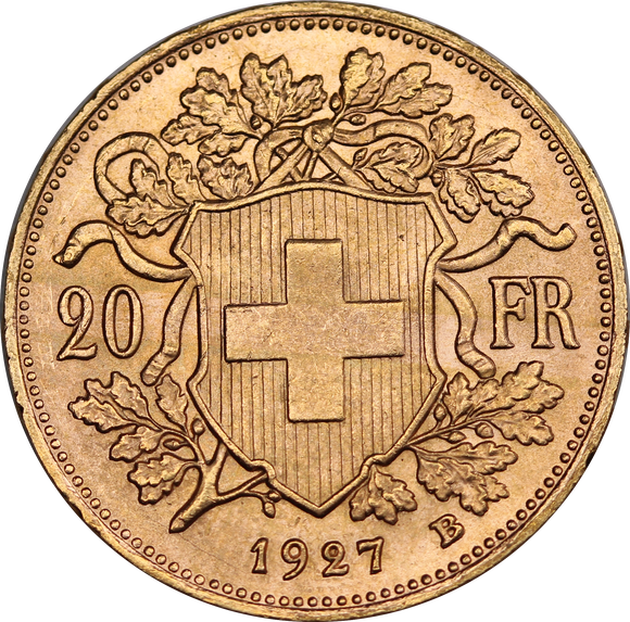 Switzerland 1927 20 Francs Gold Coin UNC