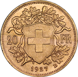 Switzerland 1927 20 Francs Gold Coin UNC