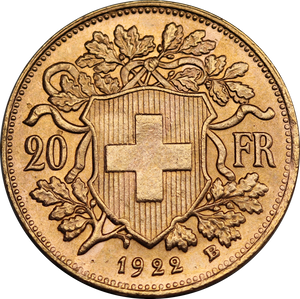 Switzerland 1922 20 Francs Gold Coin UNC