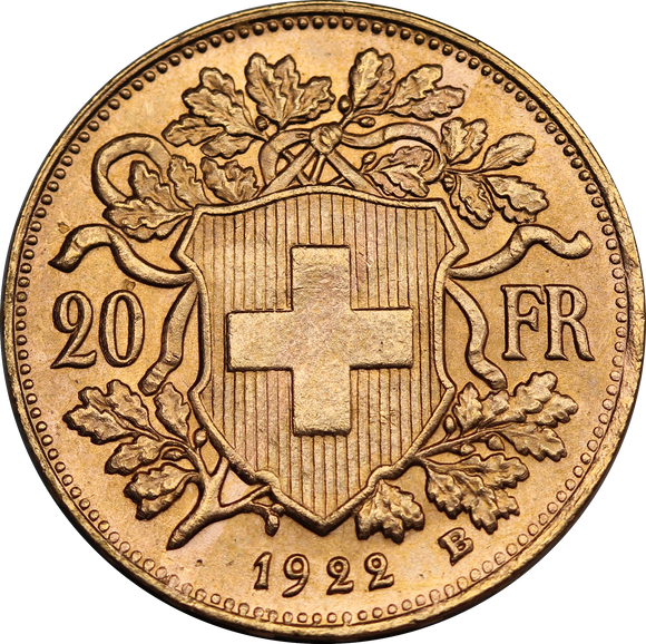 Switzerland 1922 20 Francs Gold Coin UNC