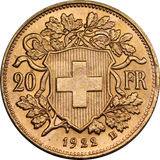 Switzerland 1922 20 Francs Gold Coin UNC