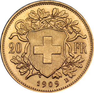 Switzerland 1909 20 Francs Gold Coin UNC