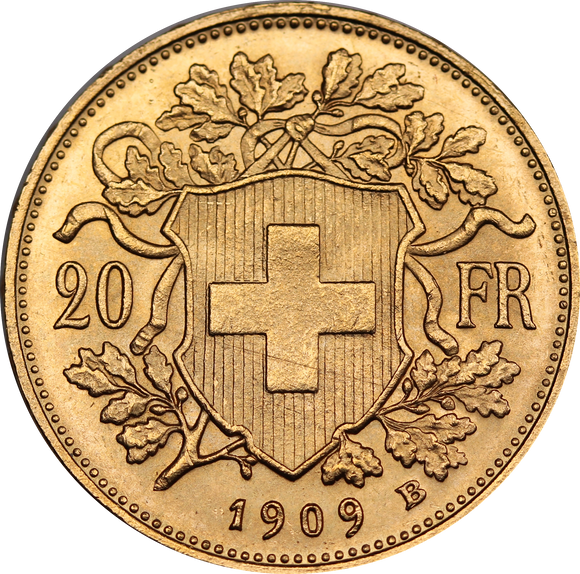 Switzerland 1909 20 Francs Gold Coin UNC