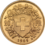 Switzerland 1909 20 Francs Gold Coin UNC
