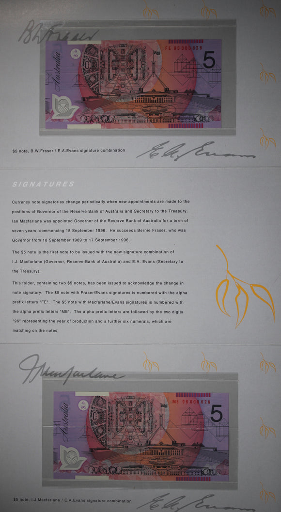 1996 $5 Signatures Polymer Uncirculated Banknote Premium NPA Folder
