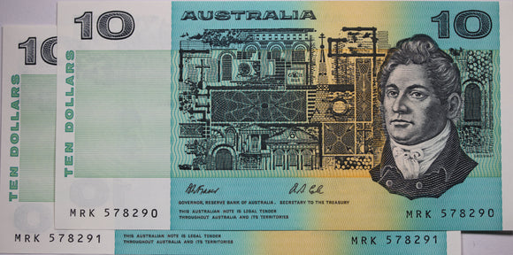 1991 $10 Fraser/Cole Banknote Consecutive Pair UNC