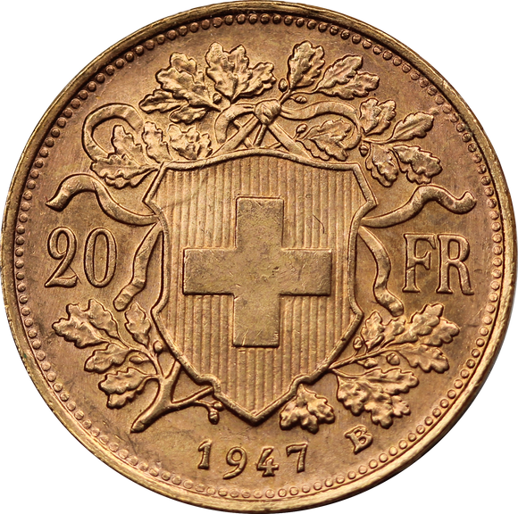Switzerland 1947 20 Francs Gold Coin UNC
