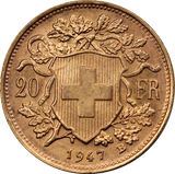 Switzerland 1947 20 Francs Gold Coin UNC