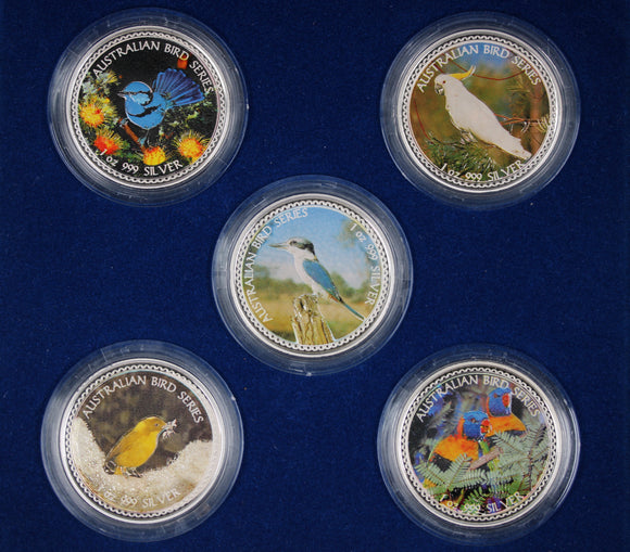 1999 Coloured Birds 5x 1oz Silver Medallion Set