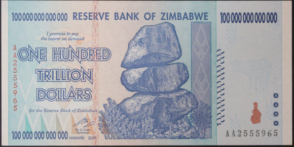 2008 Zimbabwe 100 Trillion Dollar Note UNC