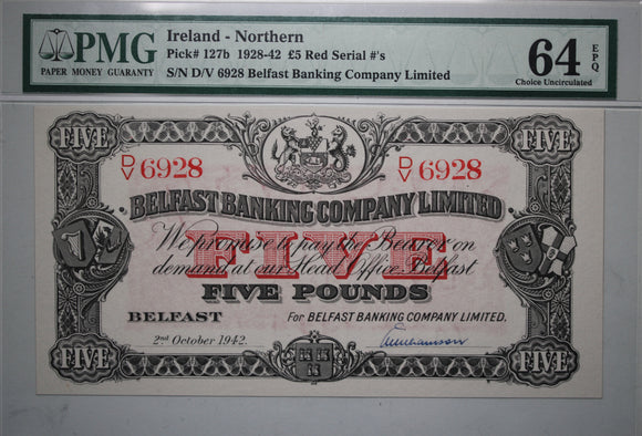 1942 Northern Ireland 5 Pound Belfast Banking Company EPQ64