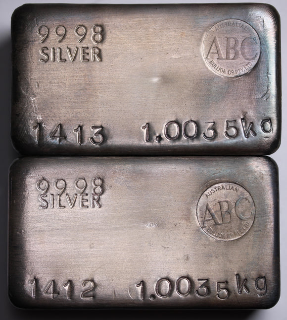 ABC Vintage Silver 1kg Cast Bar Consecutively Numbered Pair
