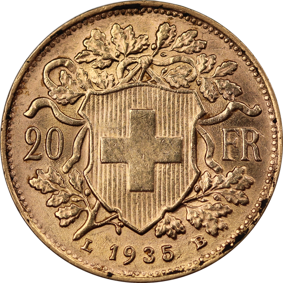 Switzerland 1935 20 Francs Gold Coin aUNC