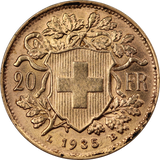 Switzerland 1935 20 Francs Gold Coin aUNC