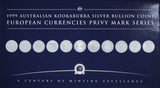1999 Australian Kookaburra- European Currencies Privy Mark 1oz Silver Set
