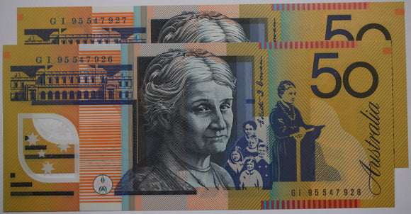 $50 1995 Fraser/Evans Banknotes Consecutive Pair UNC