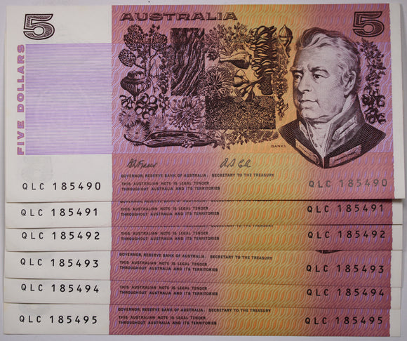 $5 1991 Fraser/Cole Consecutive run of 6 aUNC