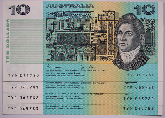 1983 $10 Johnston/Stone Banknotes Consecutive run of 4 aUNC
