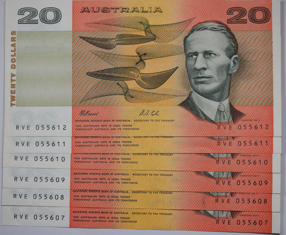 1991 $20 Fraser/Cole Banknotes Consecutive run of 6 aUNC