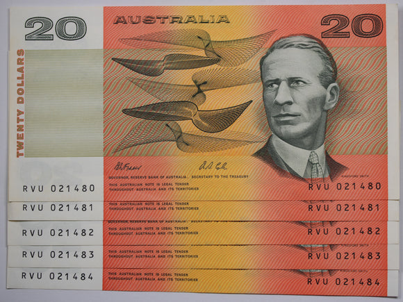 1991 $20 Fraser/Cole Banknotes Consecutive run of 5 aUNC