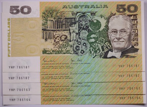 1983 $50 Johnston/Stone Banknotes Consecutive Run of 4 aUNC