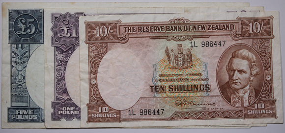 New Zealand 10 Shilling, One Pound and Five Pound Trio of Notes VF