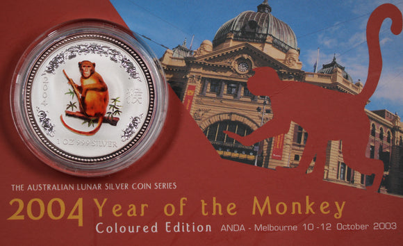 2004 Lunar Series I Year of the Monkey 1oz Coloured Silver Coin ANDA Edition