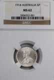 1914 Australia Silver Sixpence NGC MS62