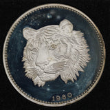1980 Equatorial Guinea Tiger 2000 Ekuele Silver Coin in Capsule