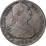 Mexico 1794 Charles IV Silver 8 Reales w/ Chopmarks gFine