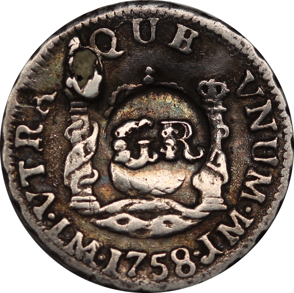 1758 Jamaica 5 Pence Overstruck on a Peruvian Half Reale gVF