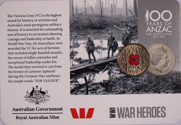 2015 Australia $1 WWI War Heroes-Red Poppy in Card