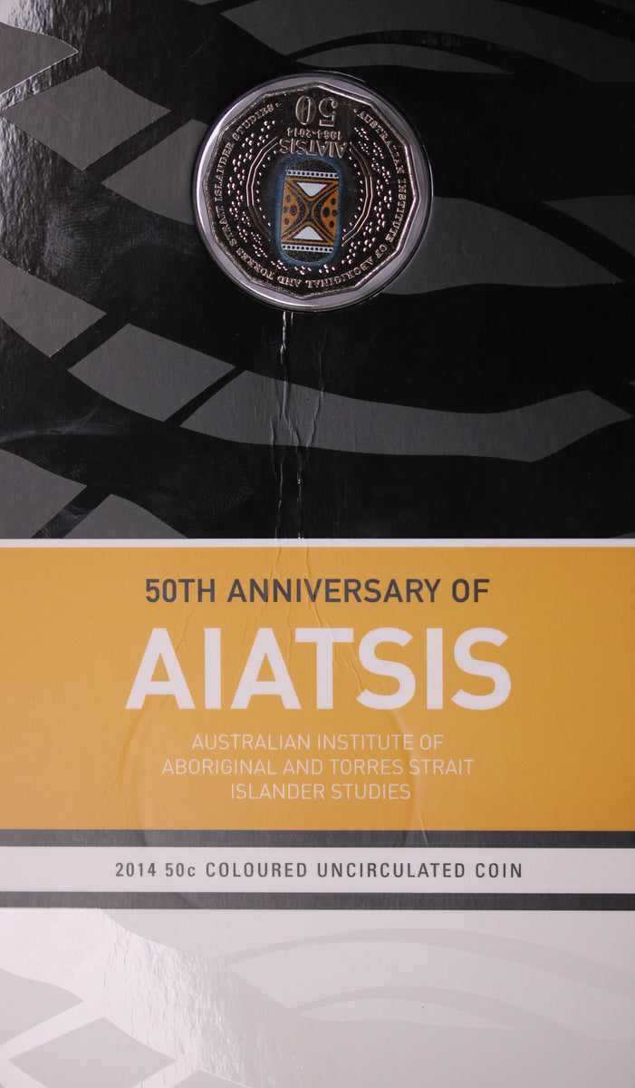 2014 50th Anniversary of AIATSIS 50c Coloured Coin on Card (Damaged Ca ...