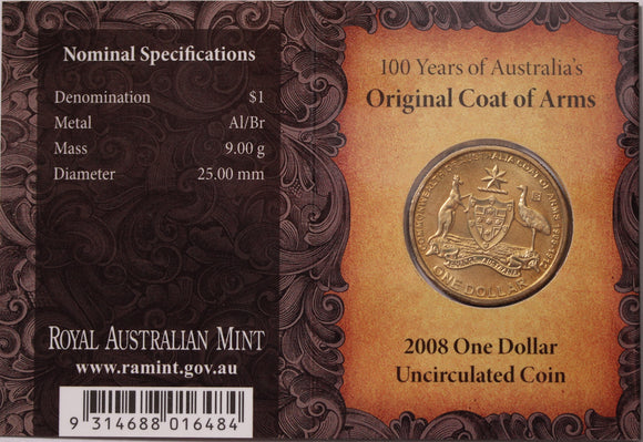 2008 $1 100 Years of Australia's Original Coat of Arms UNC - 'B' Mintmark