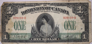 Dominion of Canada 1917 One Dollar Banknote VG