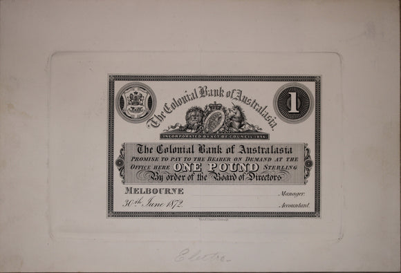 Colonial Bank of Australasia 1872 One Pound Plate Trial
