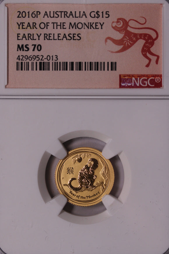 2016 Lunar Year of the Monkey 1/10oz Gold Coin MS70