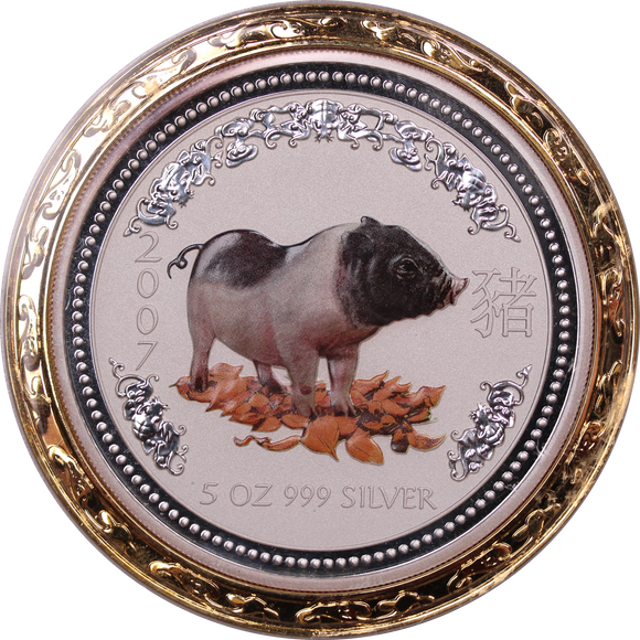 2007 5oz Silver Coloured Year of  the Pig Coin