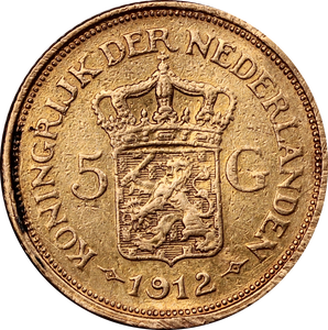 1912 Netherlands 5 Gulden Gold Coin Circulated